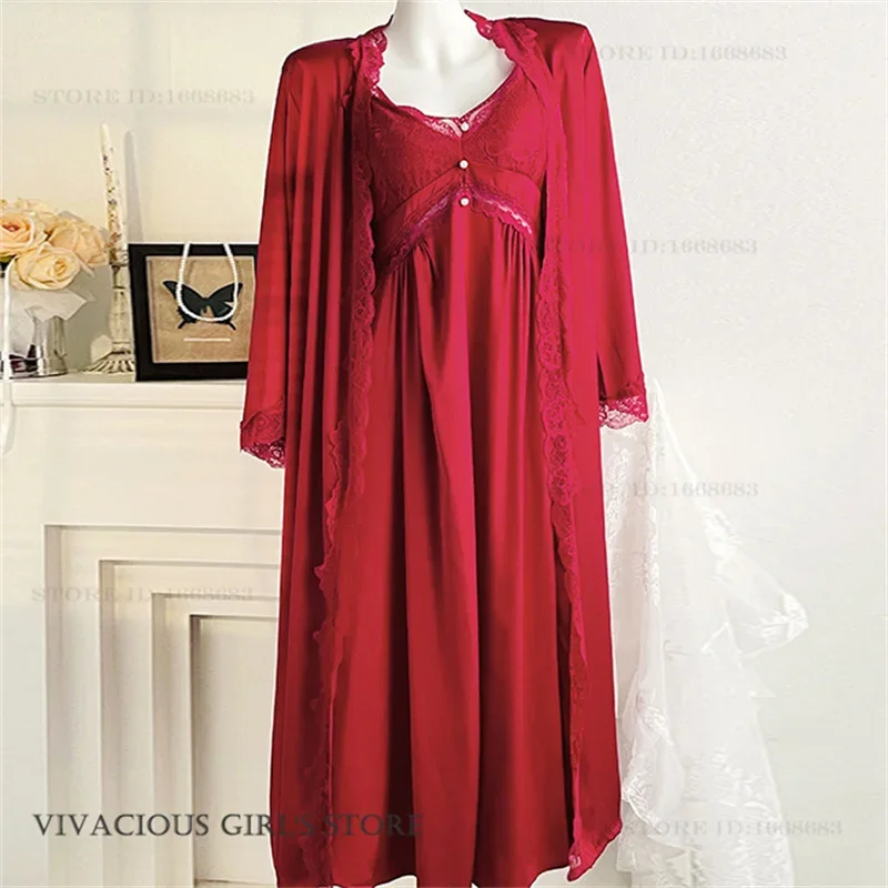 

Bride Wedding Robe Dress Set Sexy Lace Trim Long Bathrobe Nightdress Women's Lingerie Sets Spring Summer New Sleepwear Homewear