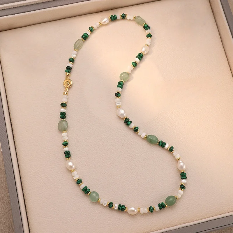 Hochwertiges Trendiges Natürliches Süßwasserperlen- & Grüner Jadestein 14K Vergoldetes Damen-Schmuckset Frauen Halskette Armband Geschenke – Detail 5