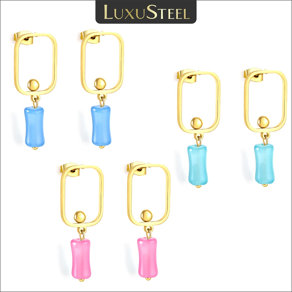 LUXUSTEEL Bohemian Colorful Cylinder Stone Dangle Earrings for Women Girls Stainless Steel Square Ear Wedding Party Jewelry