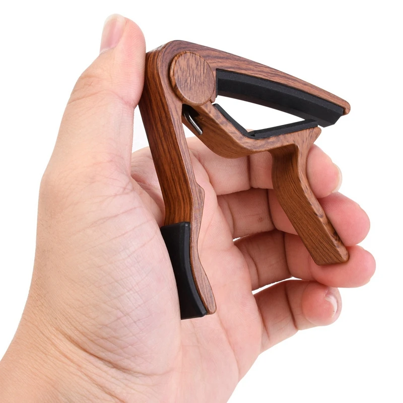 2 PCS Electric Guitar Capo Wood Grain Capo + 5 Picks (With Pick Slot) Wood Color Aluminum Alloy + Rubber