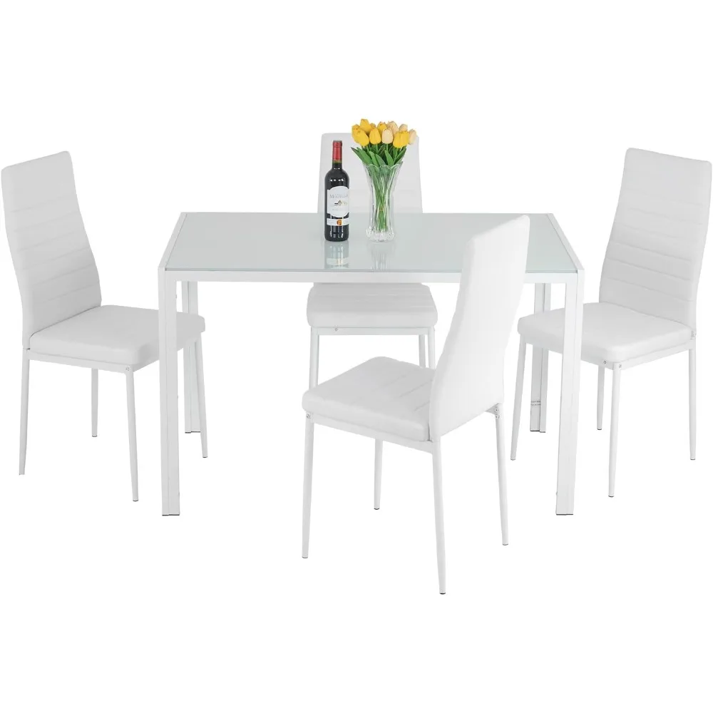 Dining Table Set Glass for Small Spaces Kitchen Table and Chairs for 4 Home Furniture Rectangular Modern, White Glass