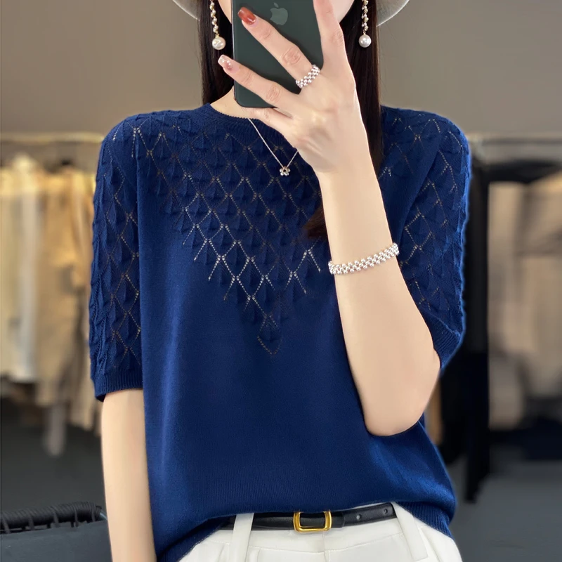 2024 Spring and Summer Women cashmere sweater short sleeve Women knitted Hollow short sleeve solid color casual short sleeve