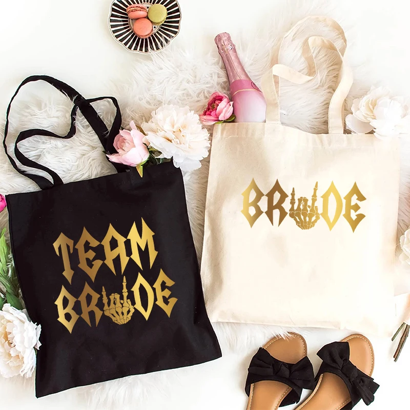 Skeleton Fingers Team Bride Hen Party Canvas Tote Bag Bachelorette Hen Party Handbag Bridesmaid Wedding Shopping Shoulder Bags