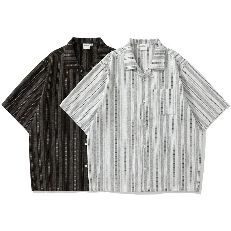 

Japanese Retro Linen Striped Tooling Short-sleeved Shirt Men and Women Cityboy Silhouette Cuban Collar