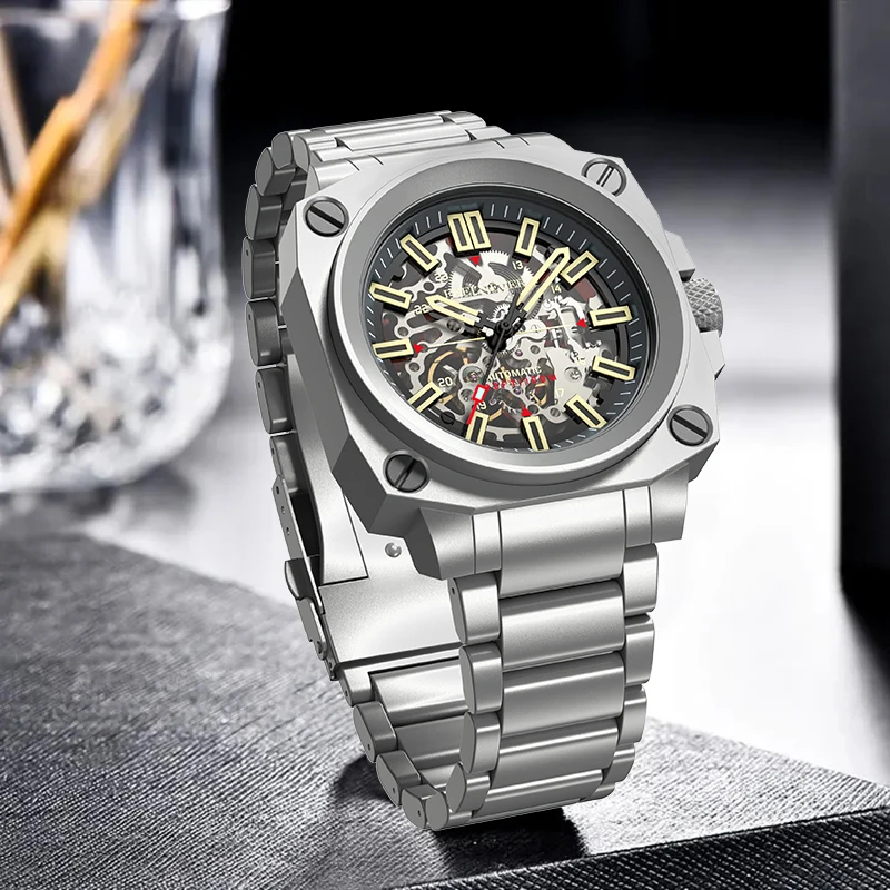 FeelNever, reloj mecánico de la mejor marca, relojes deportivos informales con banda de acero inoxidable y esqueleto, relojes automáticos para hombres, relojes luminosos impermeables