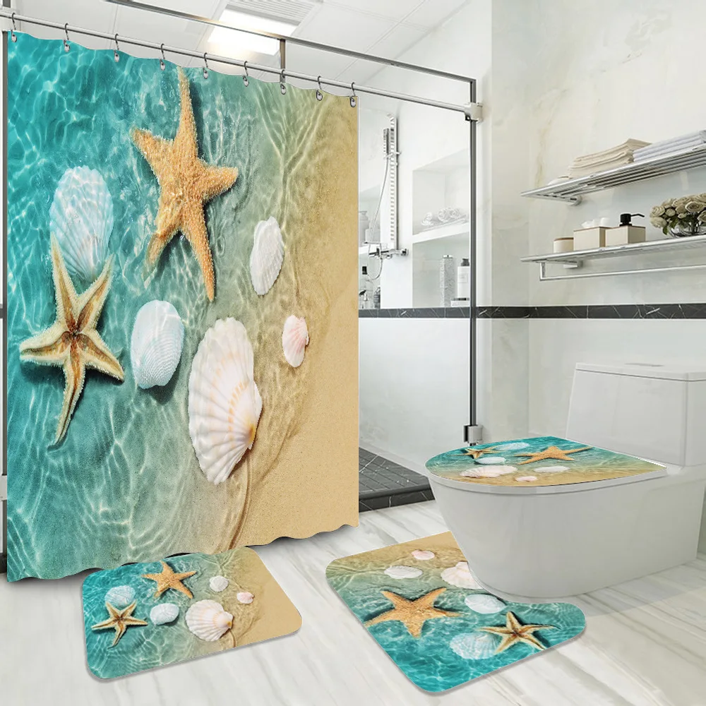 

Beach Shell Shower Curtain Set 4pcs Anti-slip Bath Mat Set Toilet Rug Carpet Waterproof With Hook Polyester Bathroom Decor Fresh