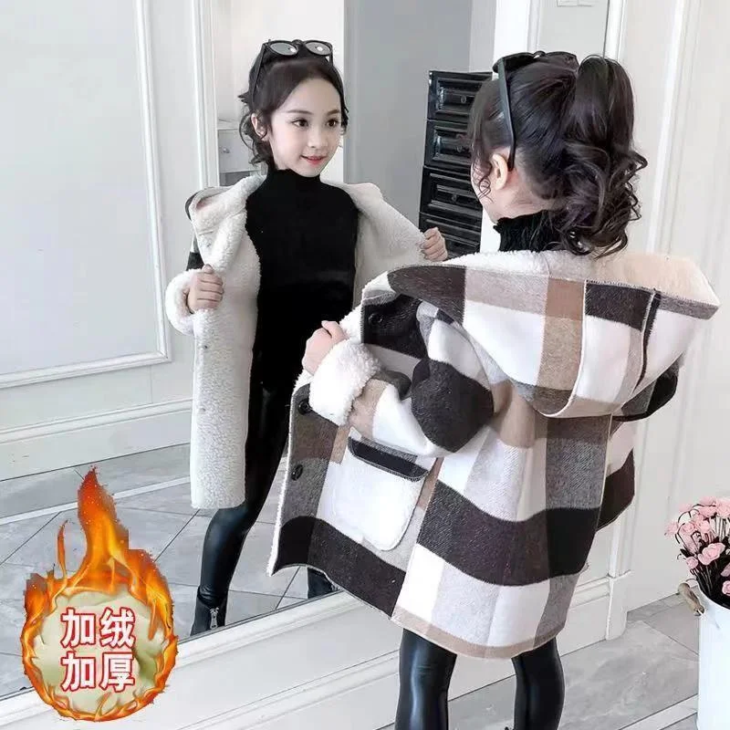 

Winter Girls Lamb Fleece Coat Warm Hooded Outerwear Fashion Woolen Long Coat Children Clothing Teeange Girls Jackets 4-12Y