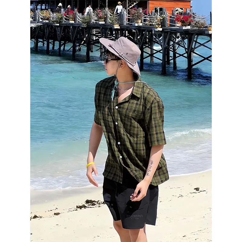 New Lazy - style Plaid Loose Short - sleeve Shirt for Men, Casual Beach Vacation Linen - like Breathable TopYY188