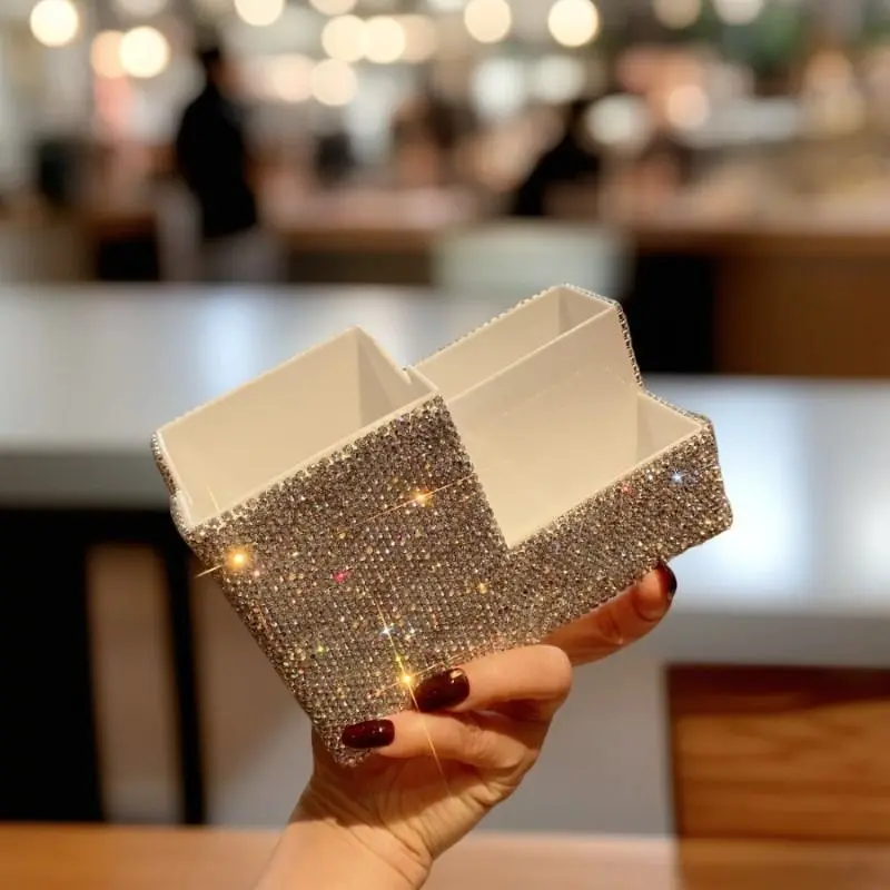 Diamond-encrusted Makeup Brush Storage, Lipstick Multi-compartment Desktop Storage Box, High-end Organizing Box