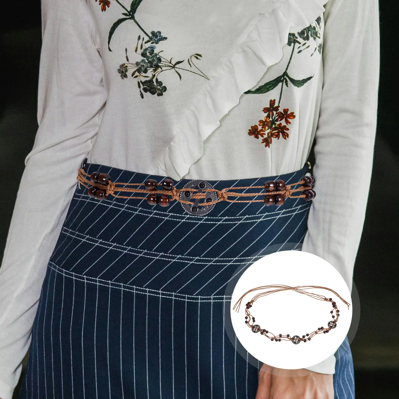 

Bohemian Belt For Women Handwoven Wooden Beads Adjustable Waist Chain Boho Dress Belt Rope Waistband For Skirts Pants Shirts