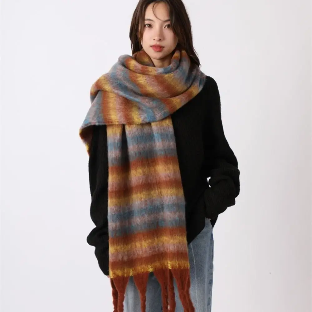 

Retro Mohair Plaid Wool Scarf Plush Thicken Winter Cashmere Scarves Warm Tassel Long Shawl Student