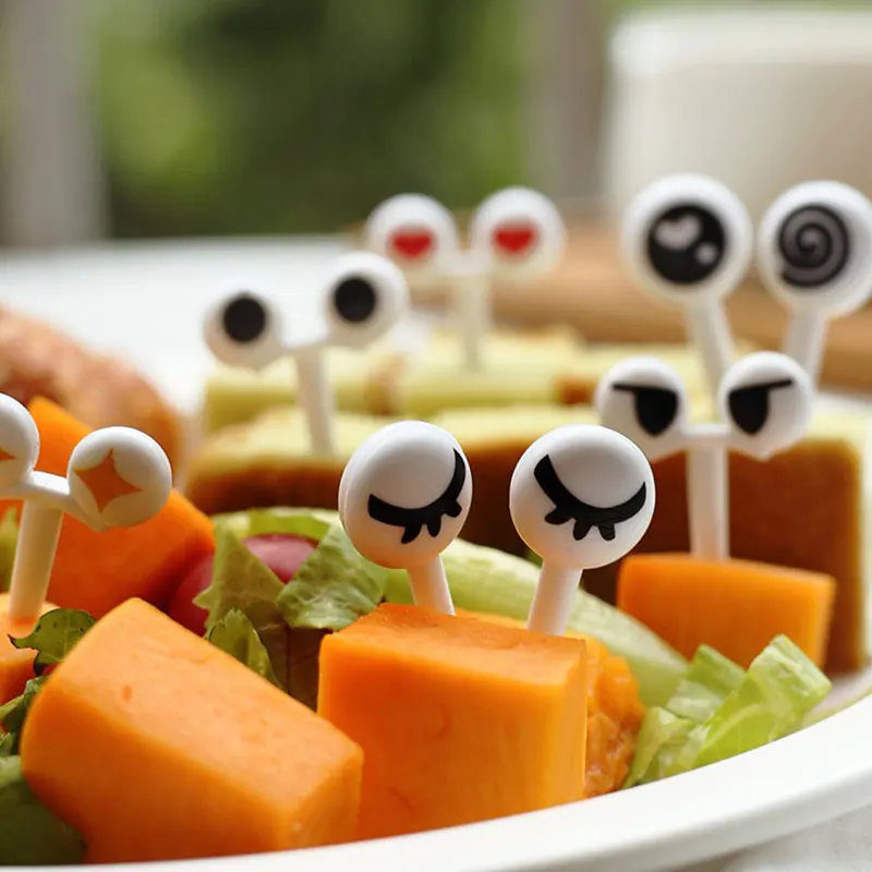 【10Pcs Plastic Reusable Mini Skewers Cute Cartoon Eyes Kawaii Lunch Bento Box Food Fruit Fork】