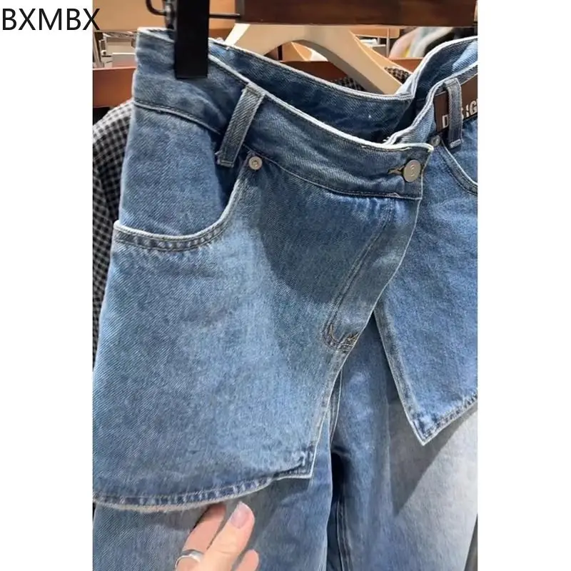 retro blue fake two-piece jeans women's summer fat mm loose high waist and thin straight wide-leg cropped pants