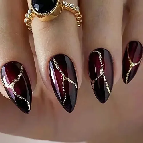 

Medium Stiletto Press on Nails Almond Fake Nails Glossy Glue on Nails Black Red Ombre Acrylic Nails Goth Punk Artificial Nails