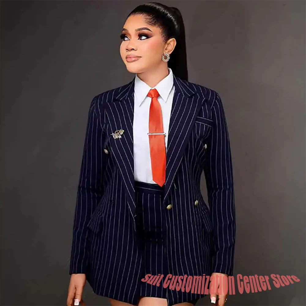Vintage Peaked Lapel Stripe Women Suits Elegant Blazer+Mini Skirt 2 Pieces Slim Fit Office Lady Wear Customized Set