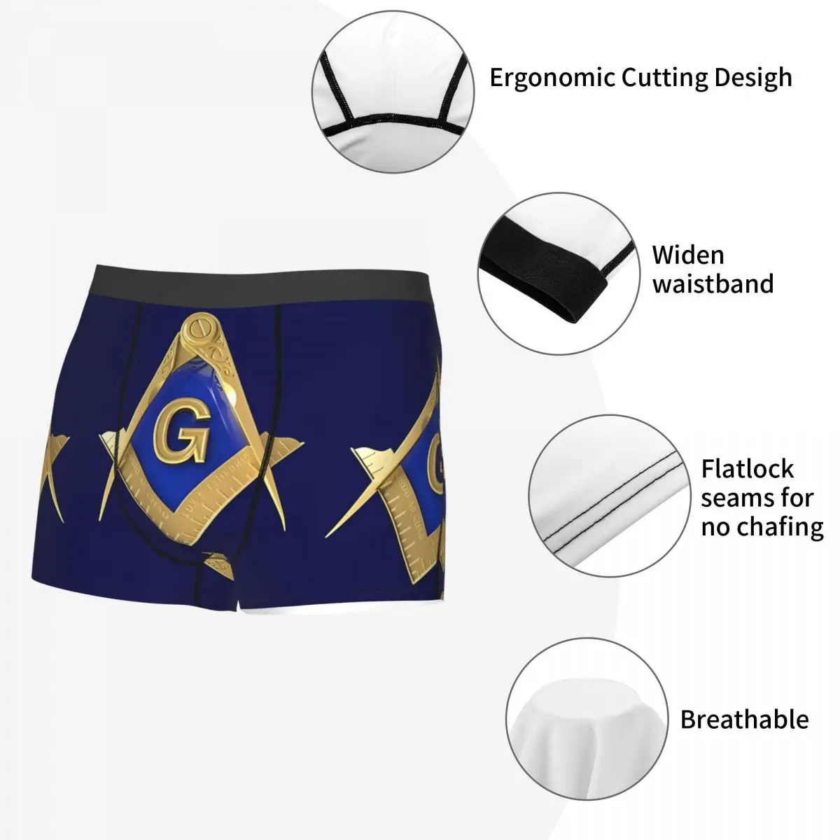 Men Freemason Gold Square & Compass Masonic Underwear Printed Boxer Briefs Shorts Panties Male Breathable Underpants S-XXL