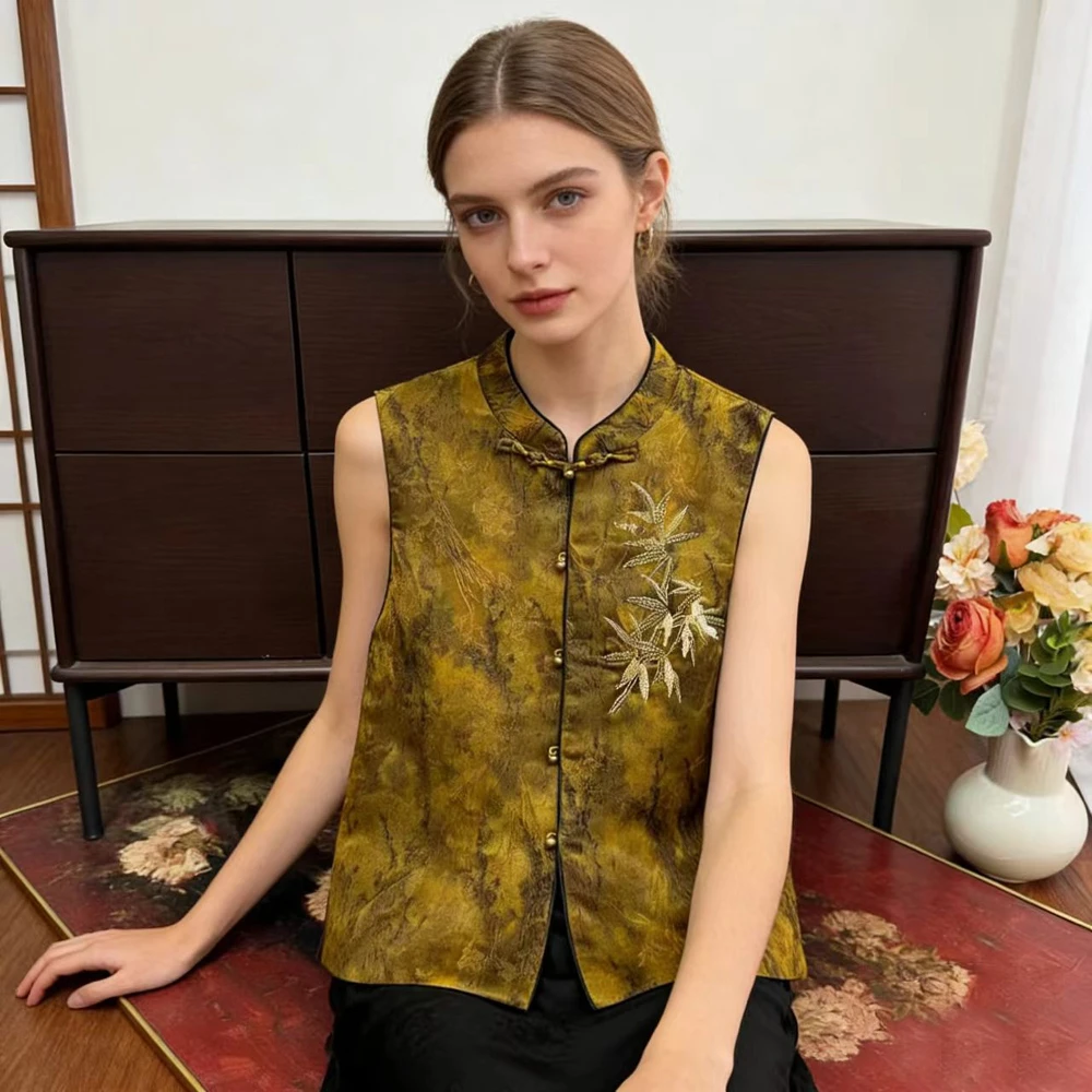 

New Chinese Traditional Jacquard Sequined Beads Vest Tangsuit Sexy Women's Sleeveless Coat Mandarin Collar Qipao Tops Waistcoat