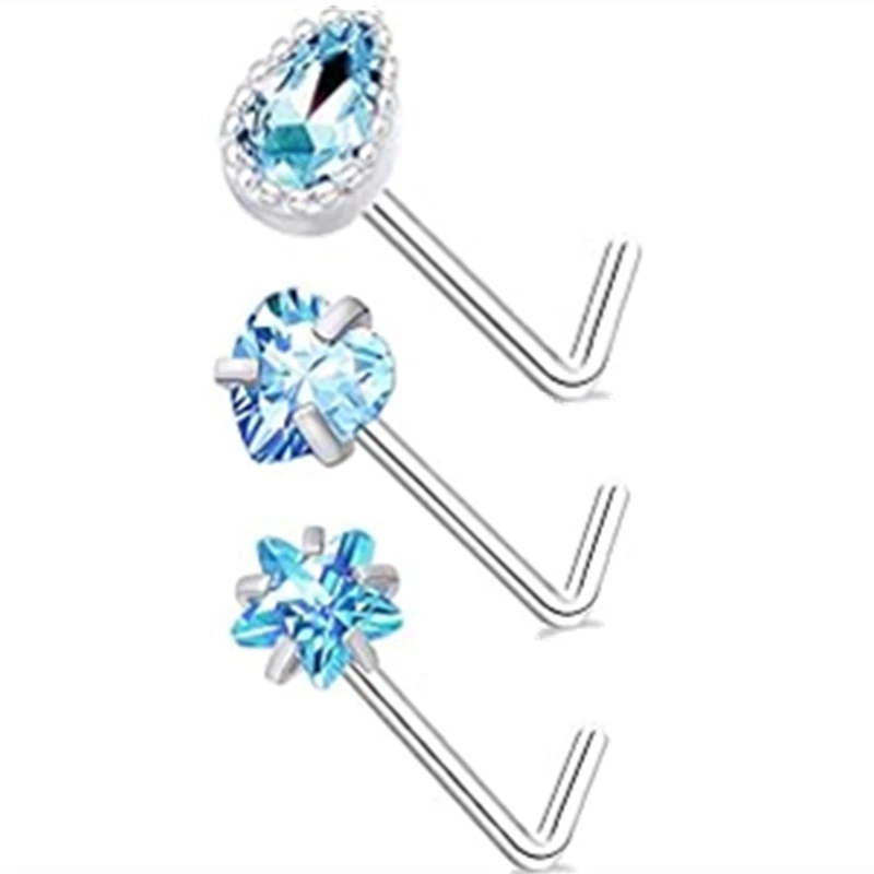 3PC Stainless Steel Flower Nose Piercing Stud Set L Shape Pink Nose Ring Studs Pack Indian Nose Jewelry Bulk Piercing Nariz Lote view 4