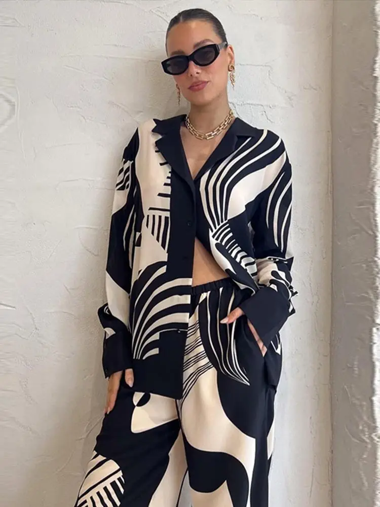 Women Digital Printed Two-piece Set Chic Lapel Long Sleeved Top Loose Straight Leg Pants Suit 2023 Fashion Lady High Streetwear