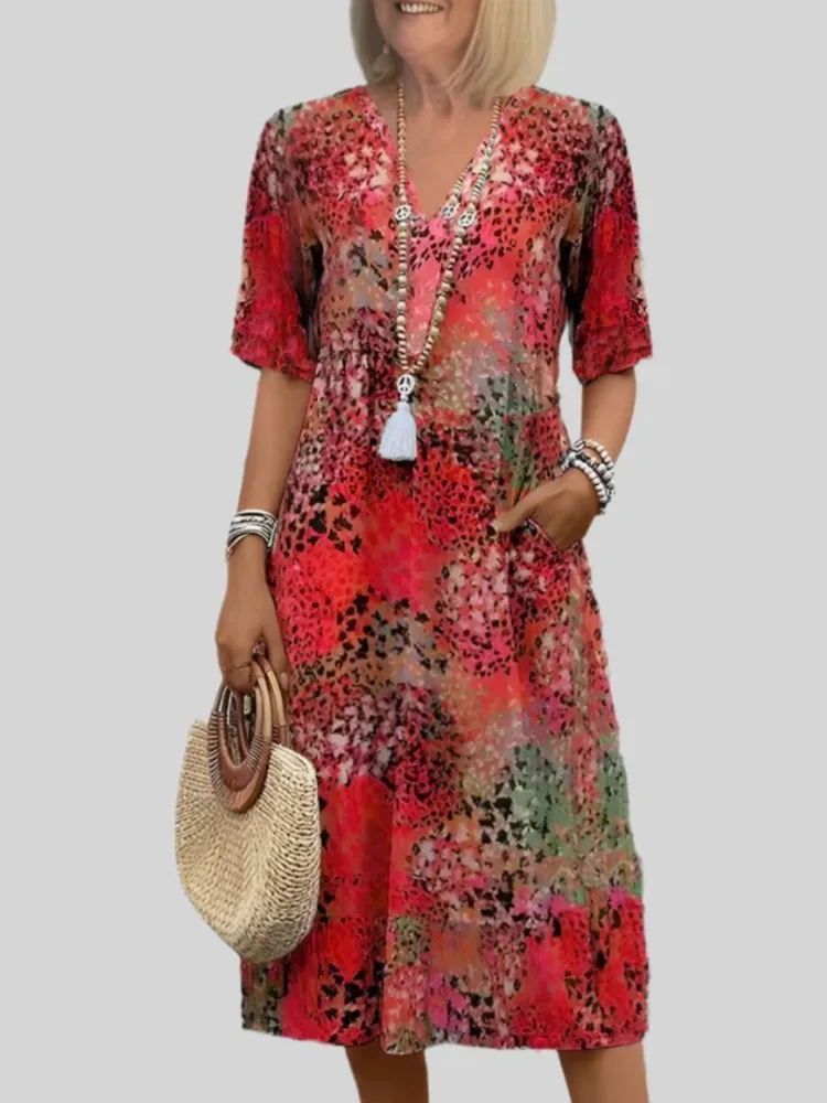 

Spring And Summer New Retro Printed Casual Dress Women's Temperament Commuting Style Vacation Pocket Short-sleeved Dresses