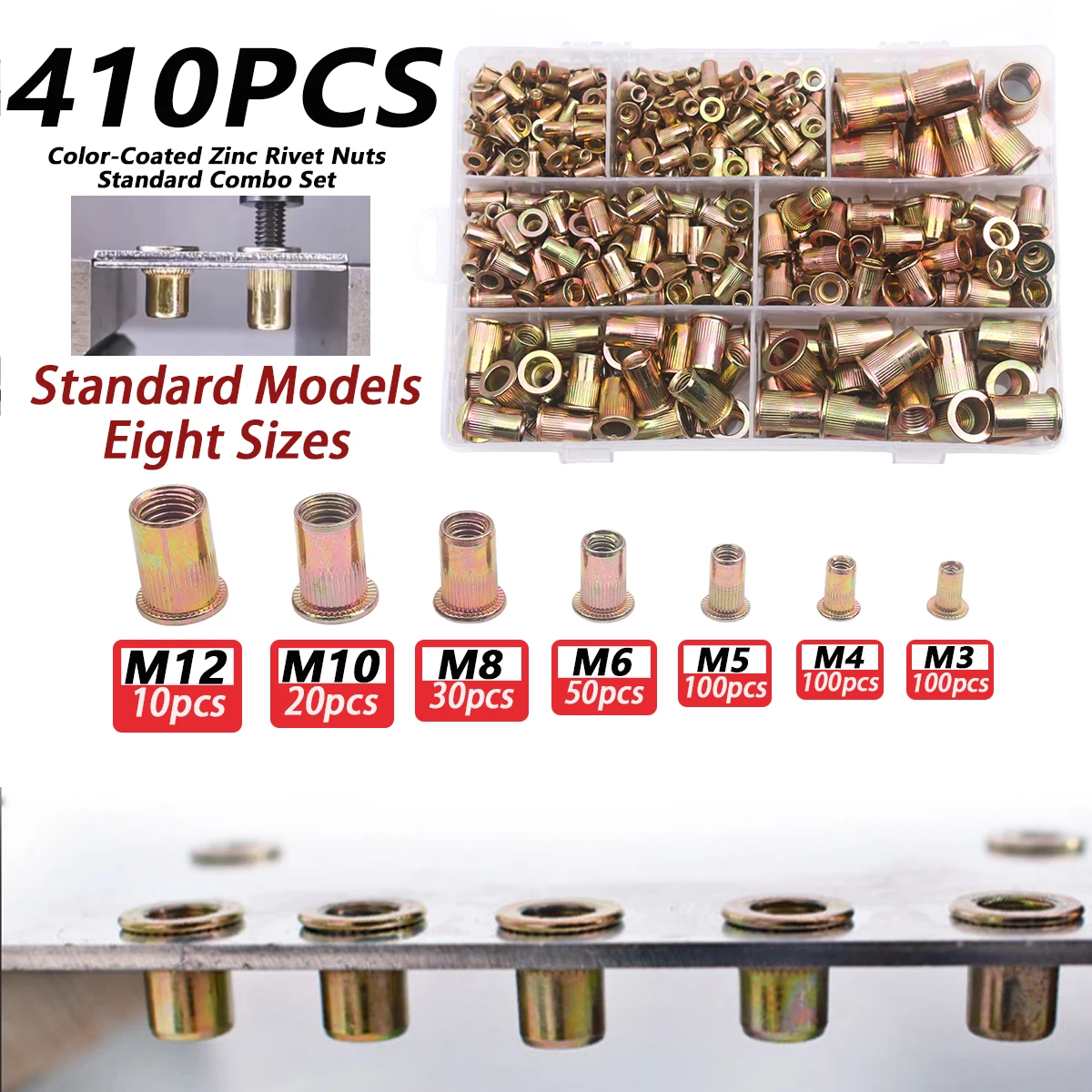 410Pcs Color Zinc Rivet Nut Set 7 Sizes (M3/M4/M5/M6/M8/10M/M12) Suitable for Furniture, Decoration, Automotive, Marine, and Industrial Applications