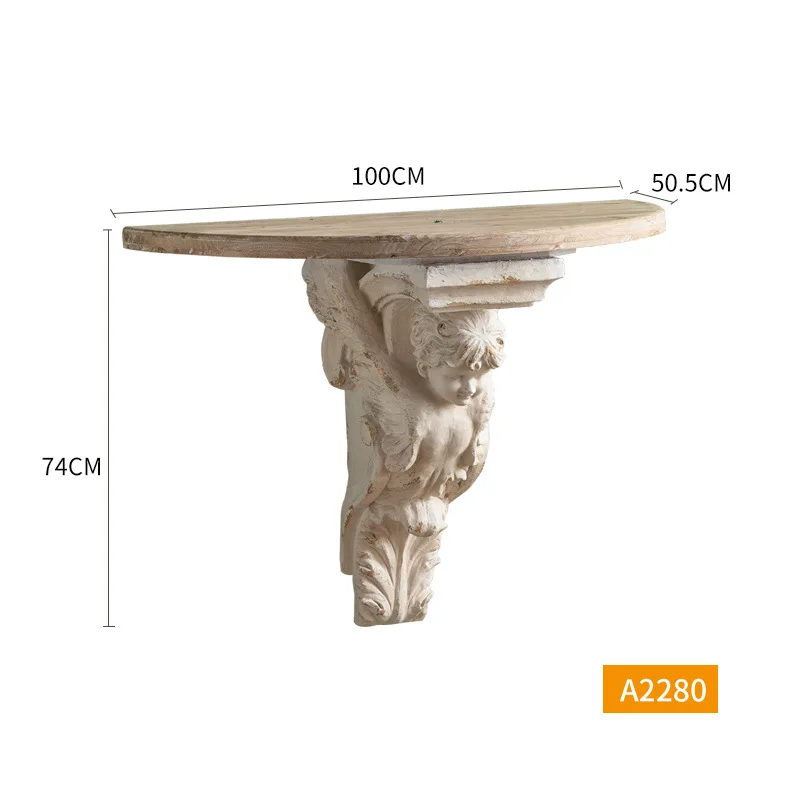

White corridor shelf villa, door table, semicircle on the wall, old entrance table made of logs