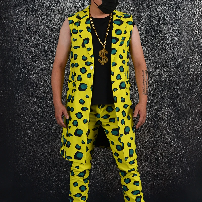 Men's Yellow Leopard Suits Sleeveless Blazer Pants Set Nightclub Bar Male Singer Stage Vest 2 Piece Hip Hop Rock Dance Costume