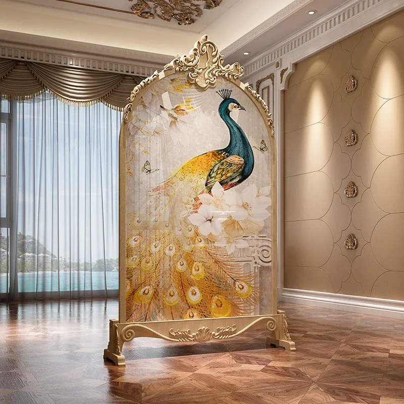 Solid wood carving flower screen partition living room European entrance entrance American light luxury mobile simple modern
