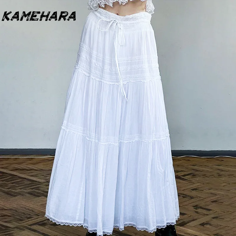 

KAMEHARA Chic Vacation Lace Patchwork Elastic Waist Strap Pleated Half Skirt Retro Y2K Spicy Girl Hanging High Waist Long Skirts