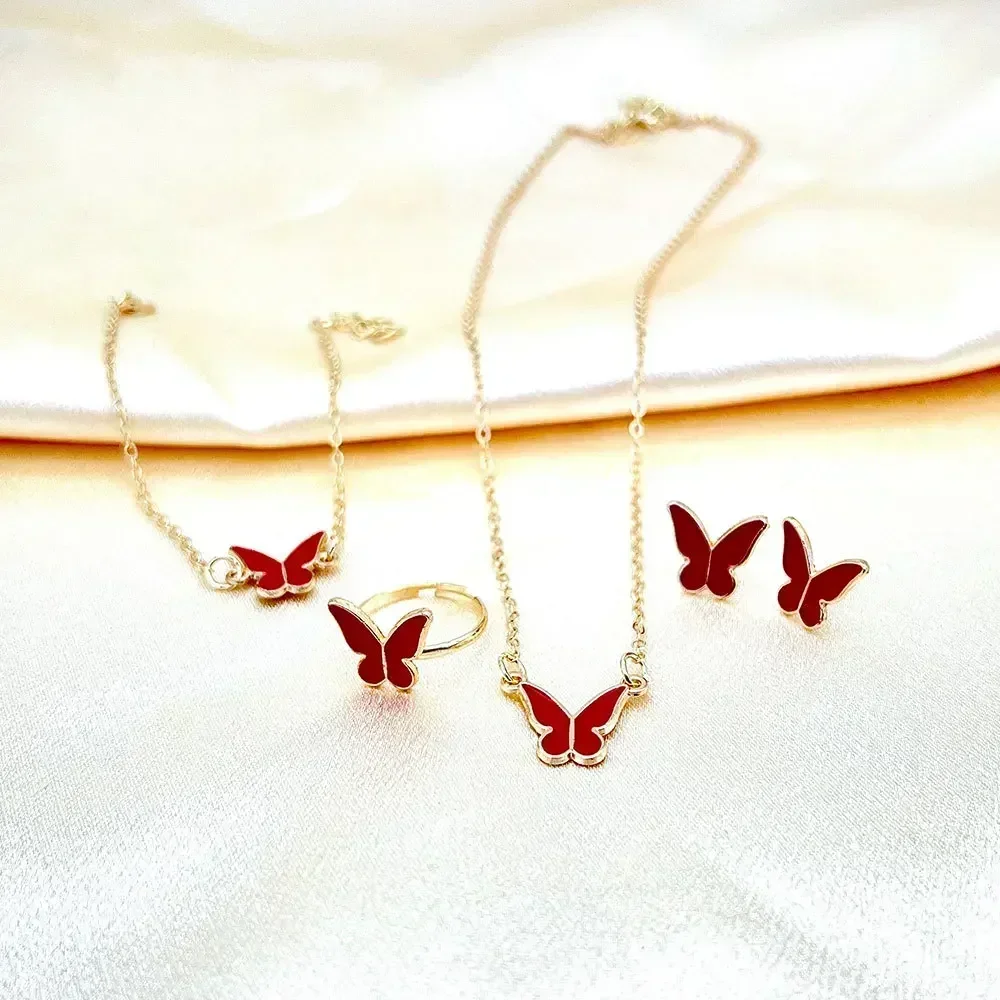 White Butterfly Drop Glazed Necklace Exquisite Simple Fashion Collarbone Chain Temperament Necklace Earrings Rings Jewelry Sets