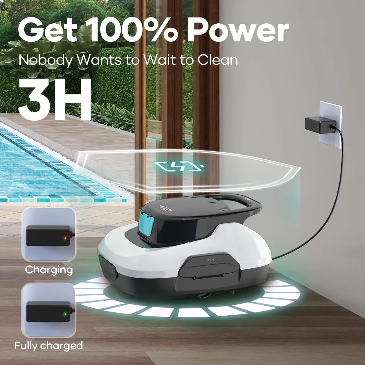 Robotic Pool Cleaner, Cordless Pool Vacuum with Auto-Cleaning, Self-Parking, 90-Min Battey Life, Ideal for above Ground Po