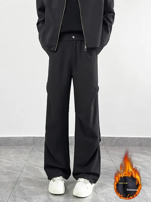 

American Sle Men's Winter Thiened Fce Lined Folded Wide Leg Pants Cleanfit Suit Pants Casual Youth ular Polyester F...