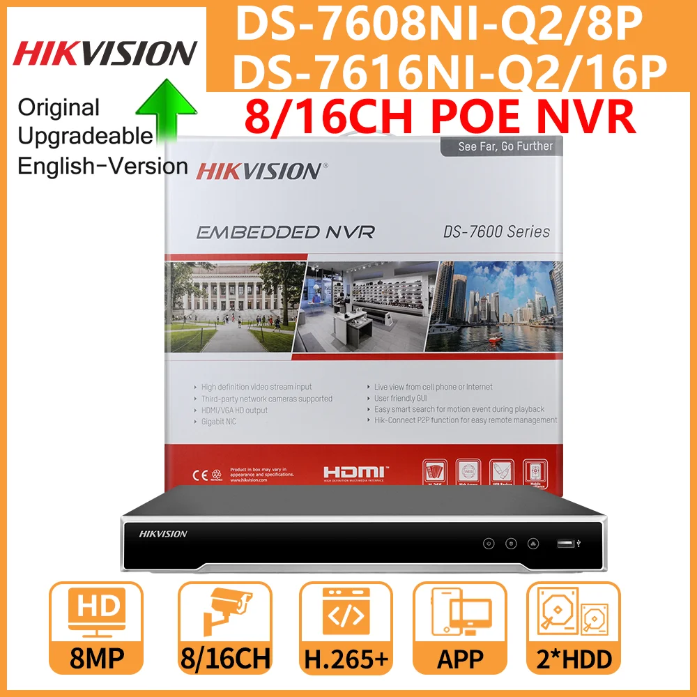 Hikvision 4K PoE NVR DS-7608NI-Q2/8P DS-7616NI-Q2/16P 8/16 Channels Network Video Recorder 8MP 2 SATA IP Camera CCTV