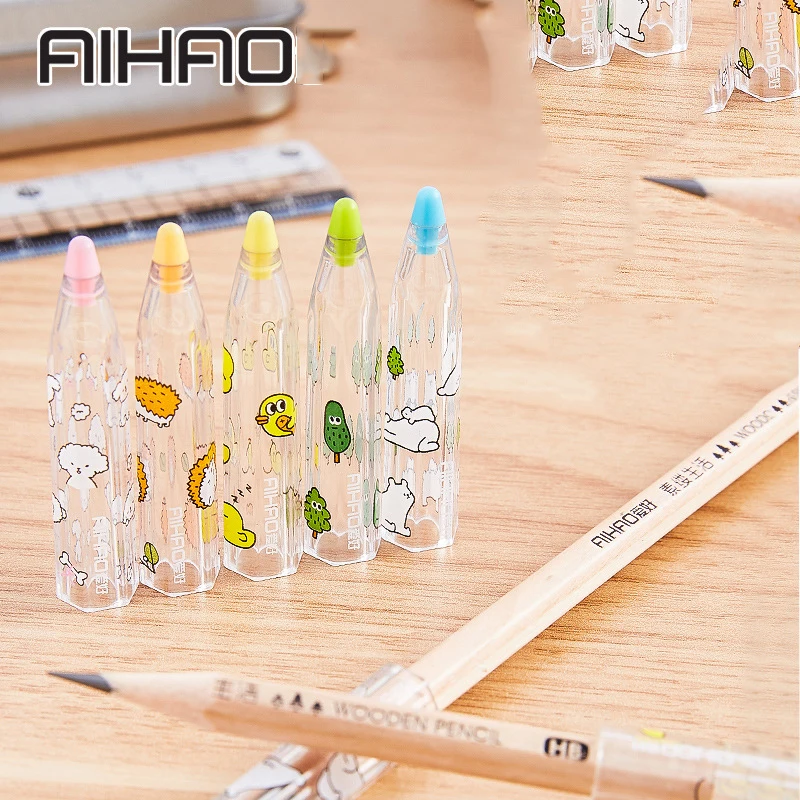 Elementary School Cartoon Lápis Cap, Case Proteção, Pen Cover, Extender Caps, Material Escolar, 5Pcs