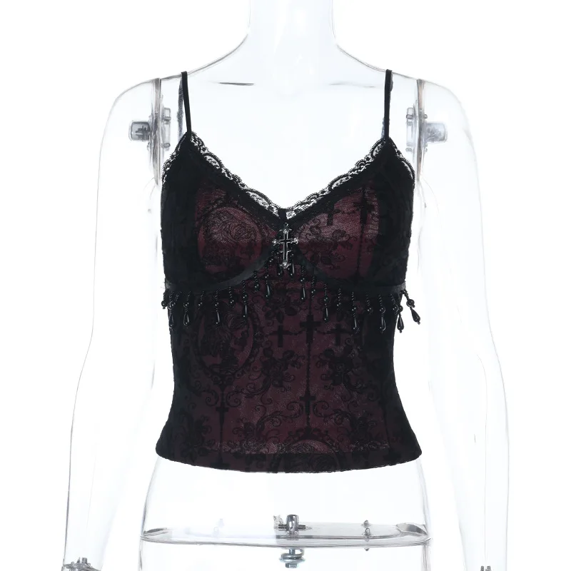 Vintage Mall Gothic Flocking Camisole Women Aesthetic Fairycore Grunge Y2k E-girl Lace Patchwork Beading Crop Tank Tops image 5
