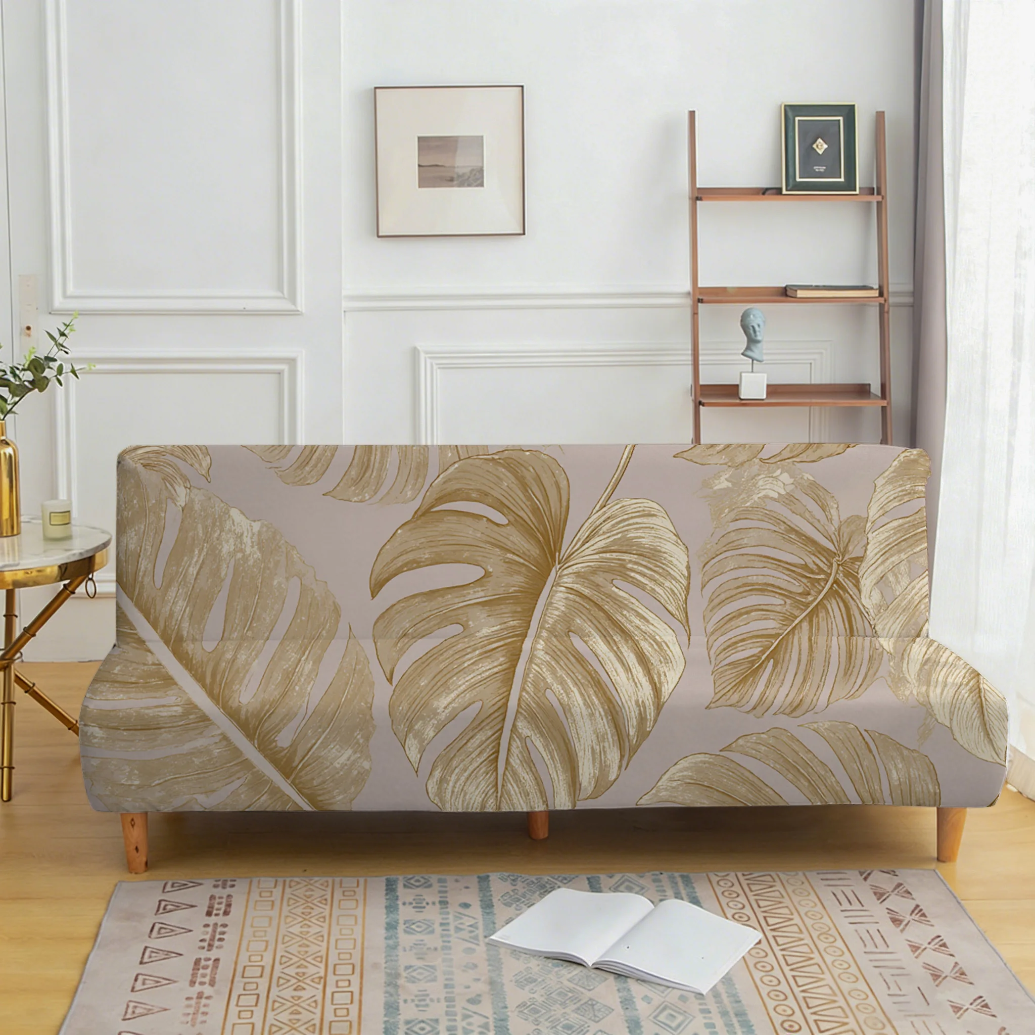 Golden Leaf Turtle Bamboo Sofa Bedspread, Armless Elastic Sofa Cover, Dust-proof and Non-slip Furniture Protective Cover