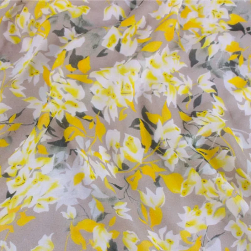 

1 метр, 100% шелк тутового шелка, 12 мам, тонкий шелк из жоржета, желтый, с цветочным принтом, ширина 140 см, 55 дюймов, по дворам, YM003