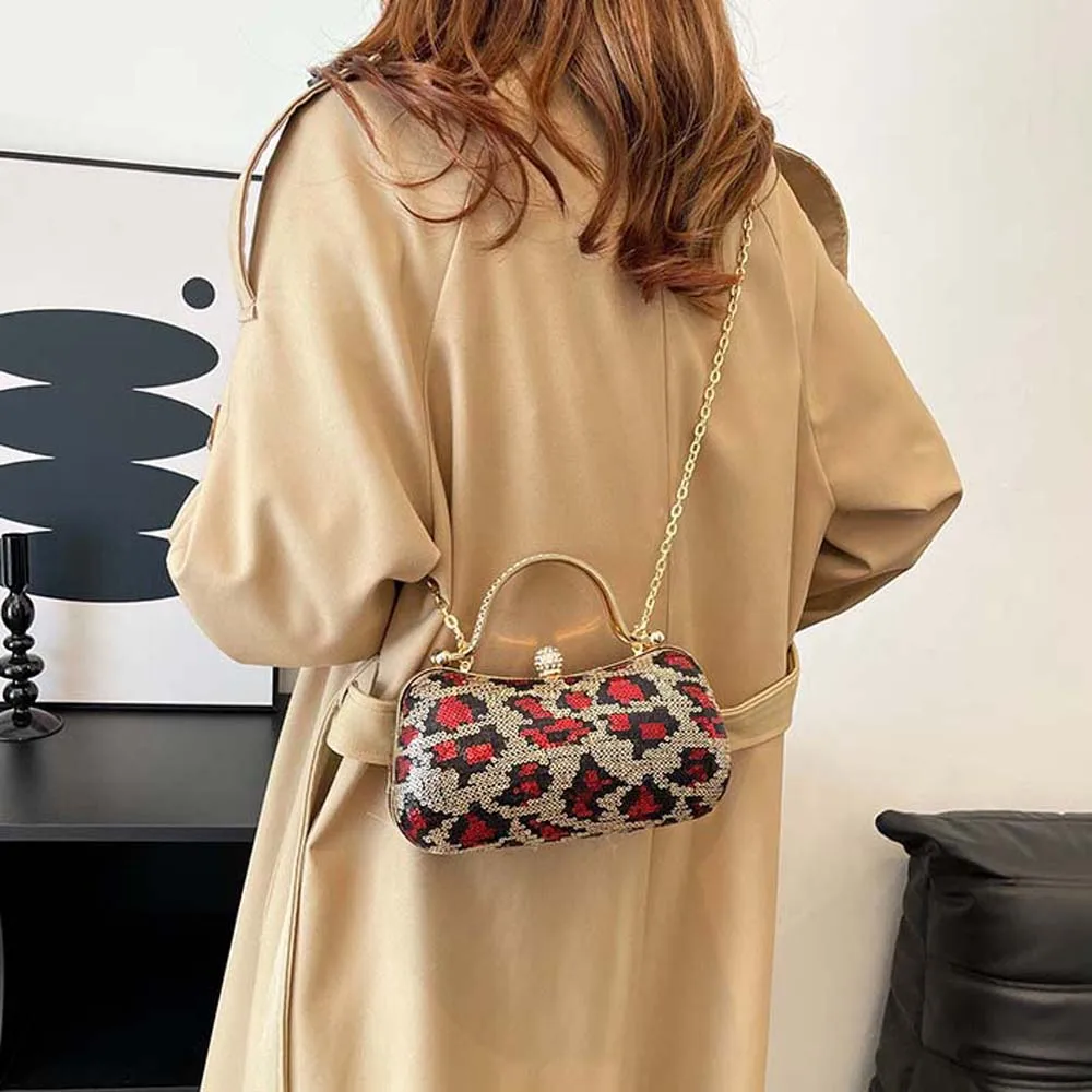 Bolso portátil para banquete de noche con estampado de leopardo, bolso de mano con purpurina brillante para mujer, bolso de mano con caja de poliéster de cuero PU para niñas