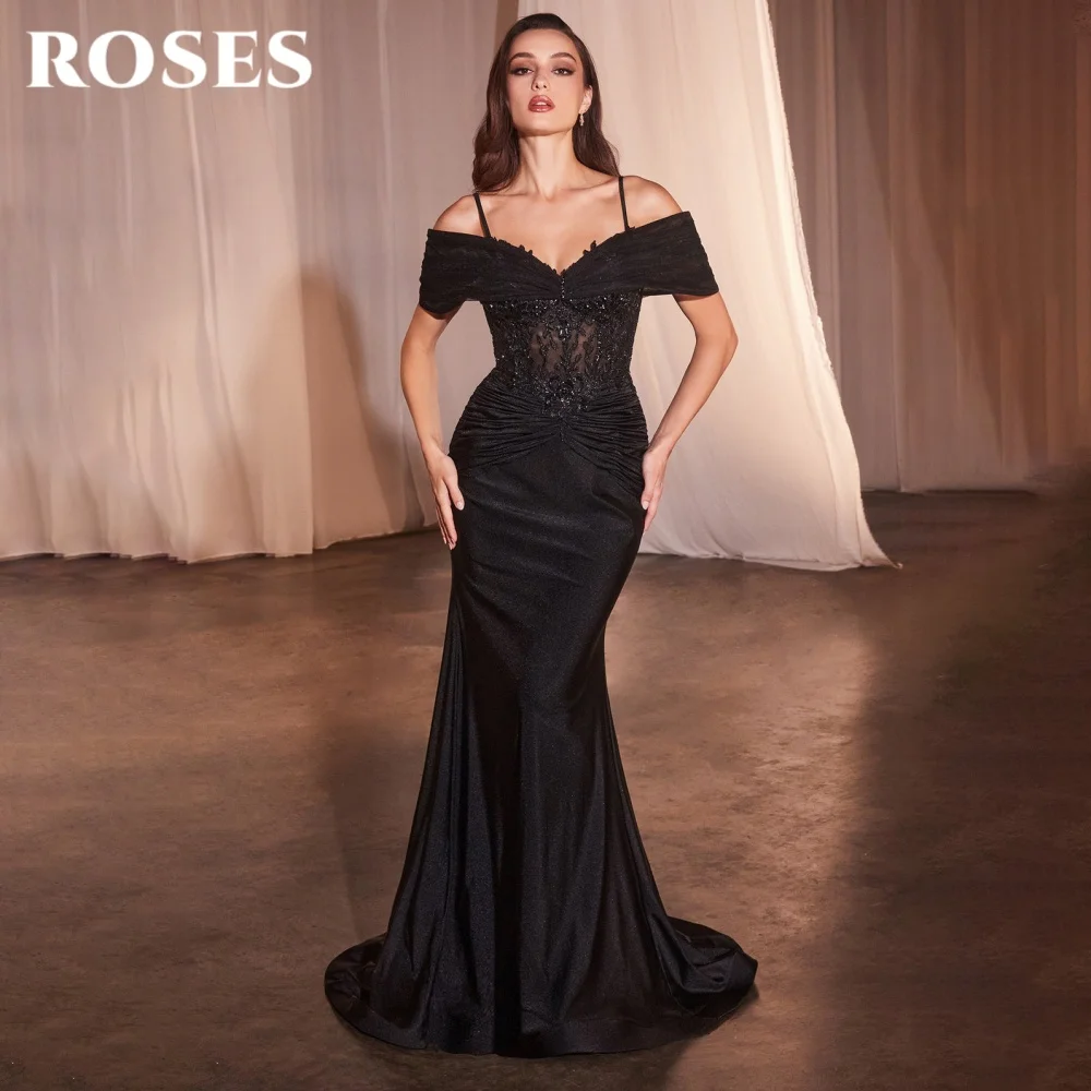 

ROSES Black Elegant Prom Dress Sweetheart Spaghetti Straps Prom Gown Shiny Satin Applique Sequins Formal Gown 프롬 드레스 Customized