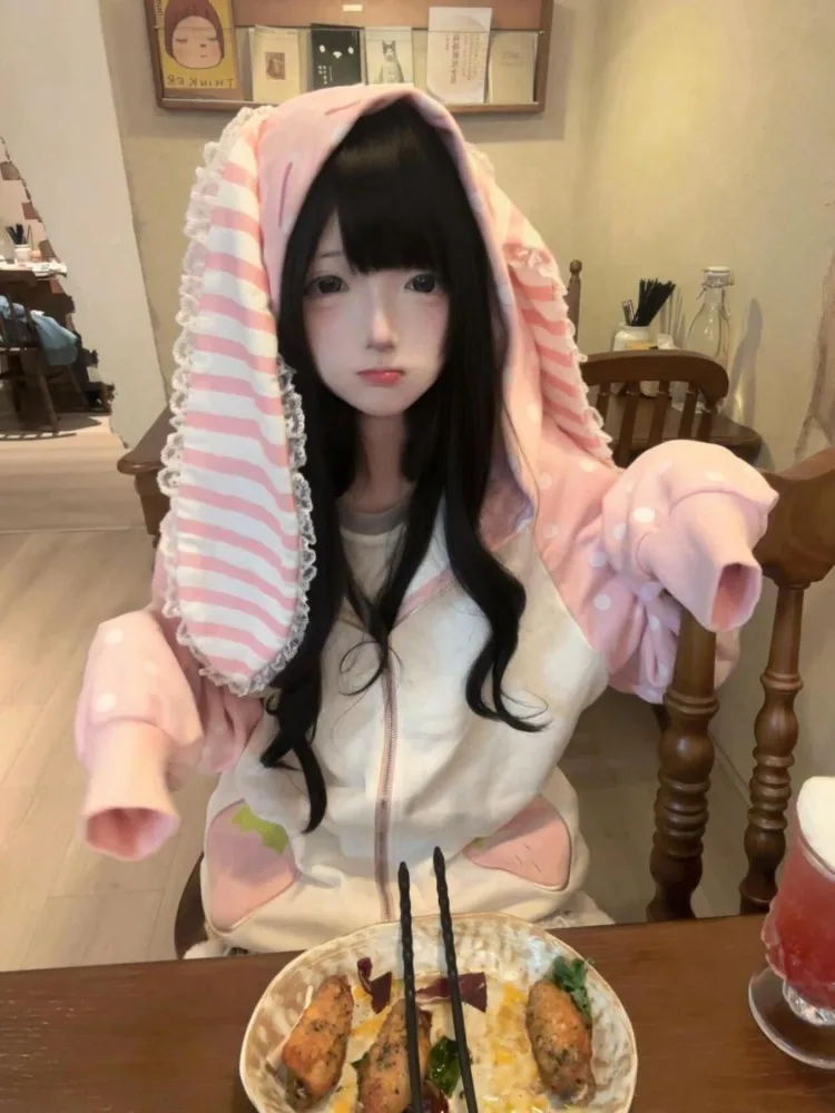 Sudadera con capucha japonesa con estampado de conejito rosa Kawaii para mujer, jersey de lunares con orejas grandes a la moda, chaqueta, abrigo nuevo