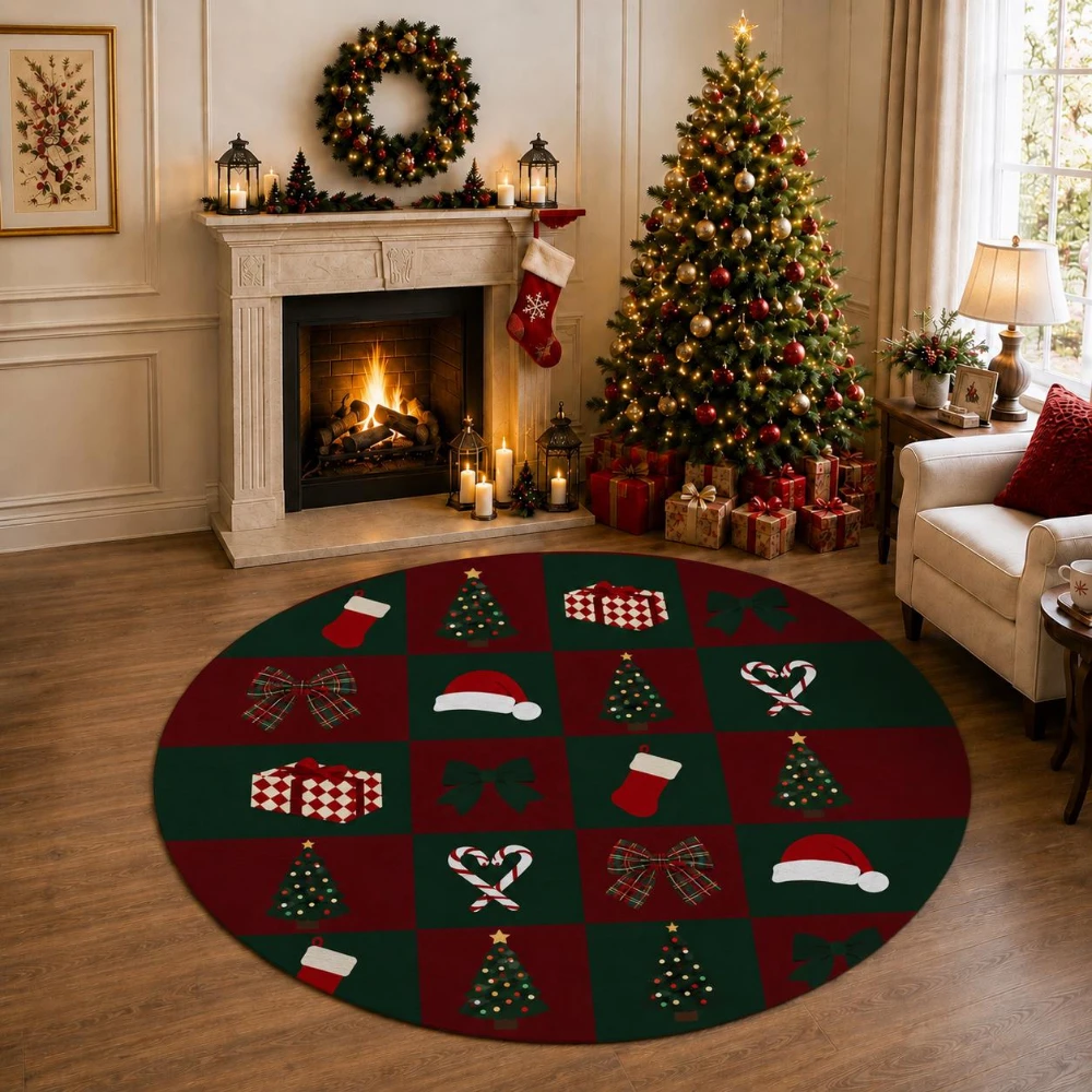 Red Black Buffalo Plaid Christmas Round Rug Winter Snow Forest Reindeer Area Mat Cozy Living Room Bedroom Entryway Floor mat
