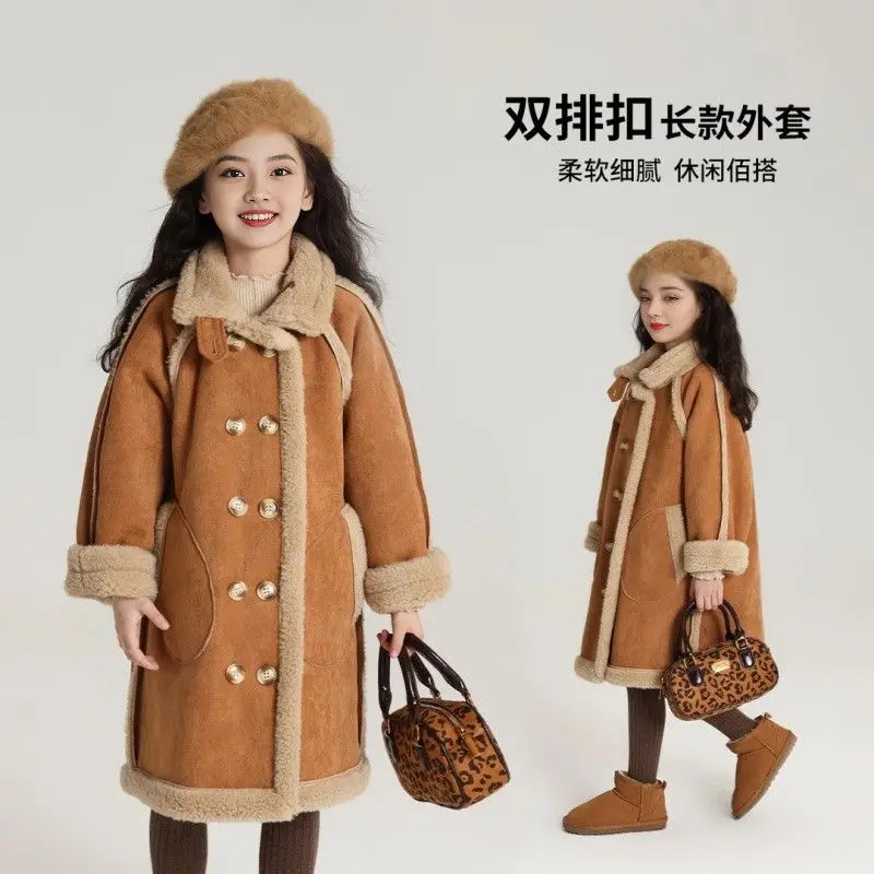 

Winter Warm Jackets Cotton Cute Girls Artificial fur Long Jackets Baby Plus Velvet Thick Kids lapel Outerwear Children Snow Coa