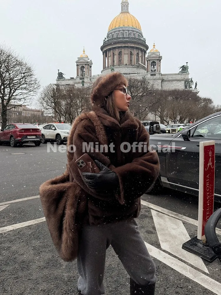 Neo Mint Women Faux Fur Pullover Coat with Kangaroo Pocket Brown Mink Fur Jacket with Quarter Zip Oversized Plush Winter Outwear