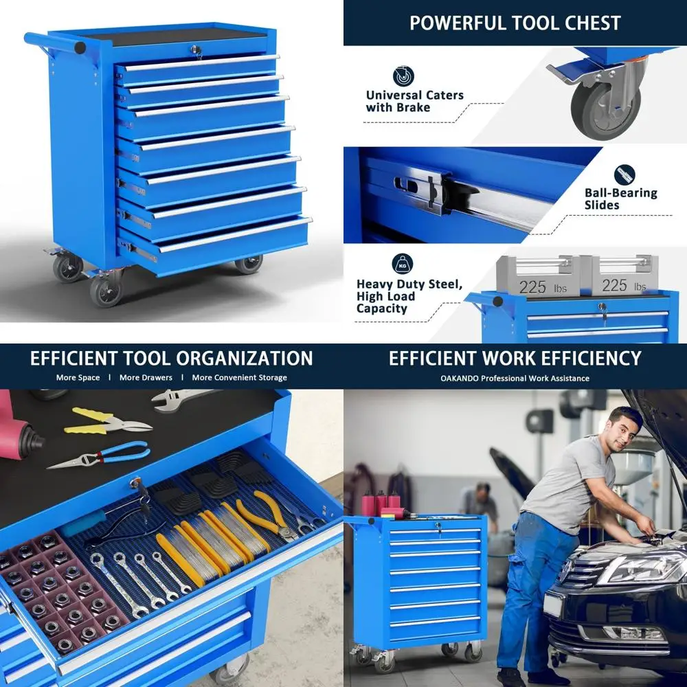 Lemari Perkakas Logam Beroda dengan 7 Laci, Kabinet Penyimpanan Terkunci di Atas Roda untuk Pengorganisasian Garasi dan Bengkel