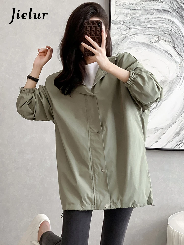 

Jielur Casual Light Green Hooded Women Trench Fashion Streetwear Solid Color Drawstring Chic Buttons Zipper Basic Female Trench