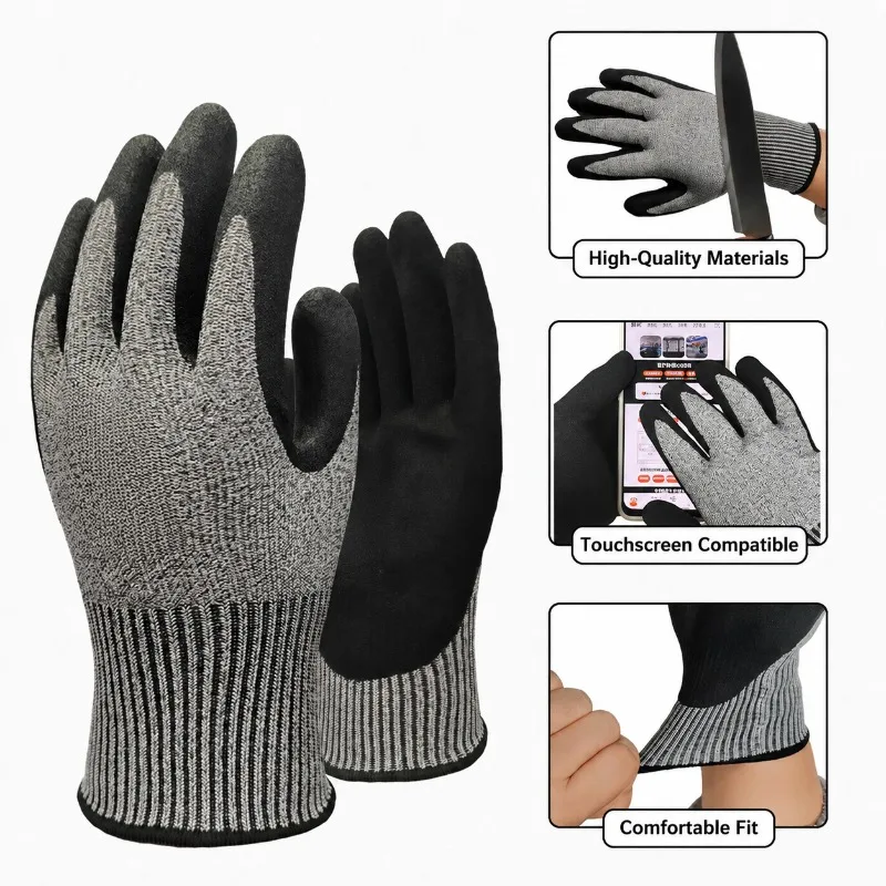 EN388 Level 5 Heather Gray Nitrile Sandy Coated Touch Screen Cut Resistant Gloves Waterproof Anti Slip Garden Work Mittens