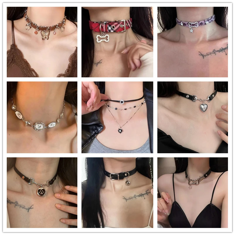 Goth Vintage Y2K Black Heart Leather Necklace For Women Punk Choker Collar Chain Delicate Charm Jewelry Stuff Couple Accessories