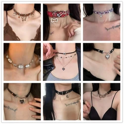 Goth Vintage Y2K Black Heart Leather Necklace For Women Punk Choker Collar Chain Delicate Charm Jewelry Stuff Couple Accessories