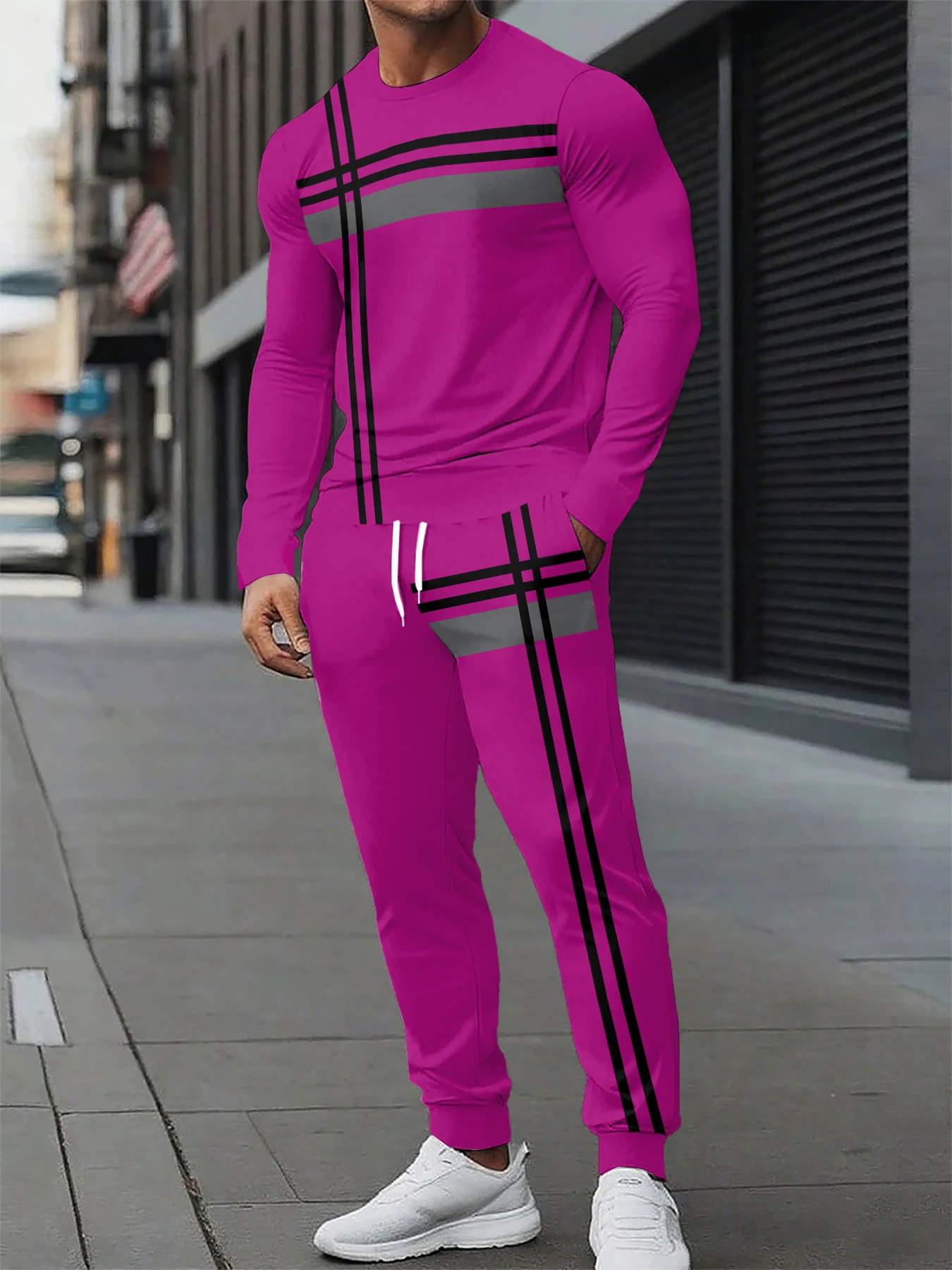 

Men's Long Sleeve T-shirts and Pants Two Piece Black And White Geometry Printed Men's Sets Casual Suit