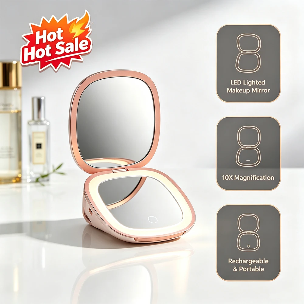 WILIT Rechargeable LED Lighted Makeup Mirror 10X Magnification Foldable Portable  Cosmetic Mirror with Touch Control for Women